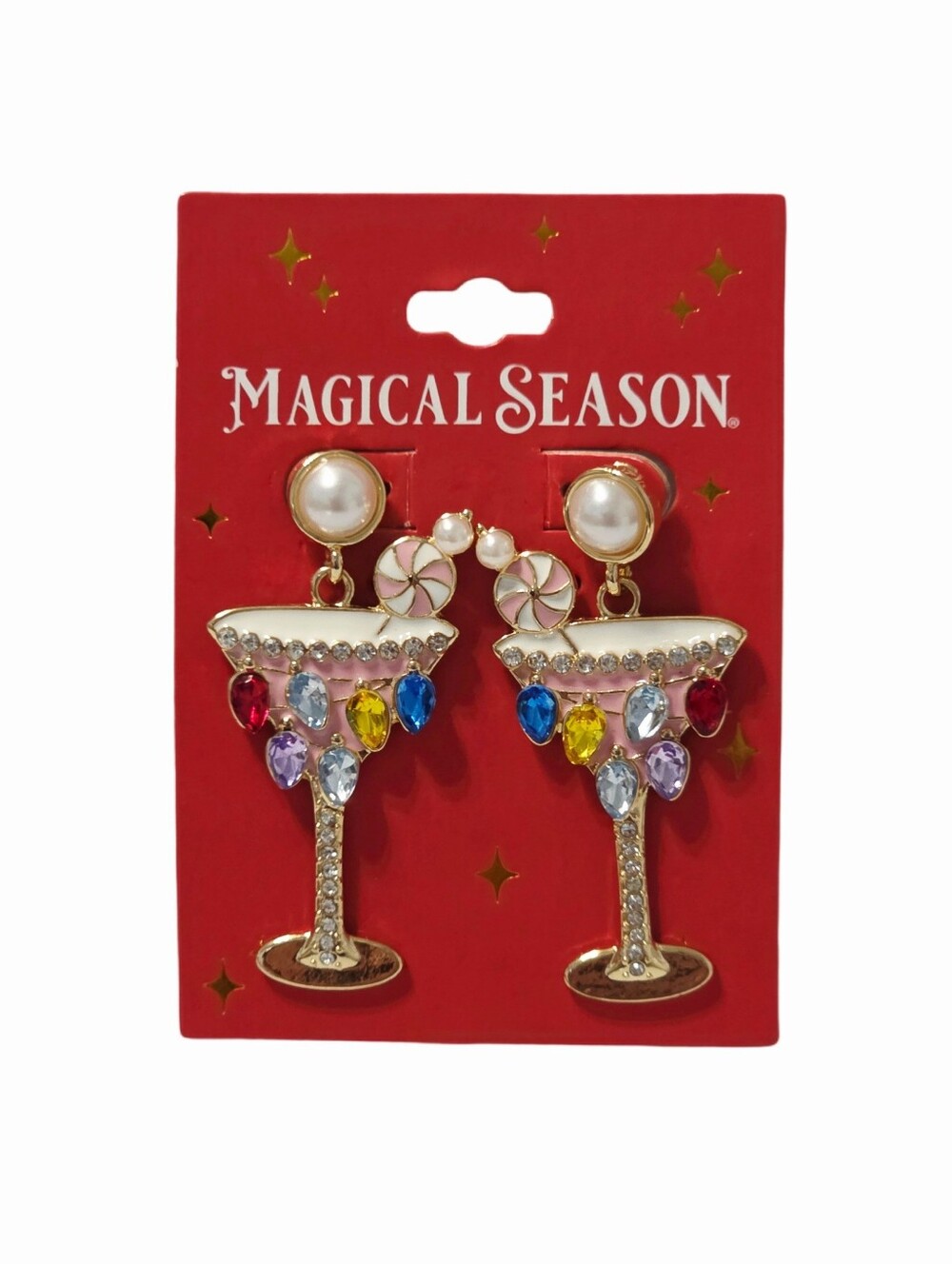 Festive Holiday Gold-tone Dangle Post Earrings Pearls Rhinestones - NWT
